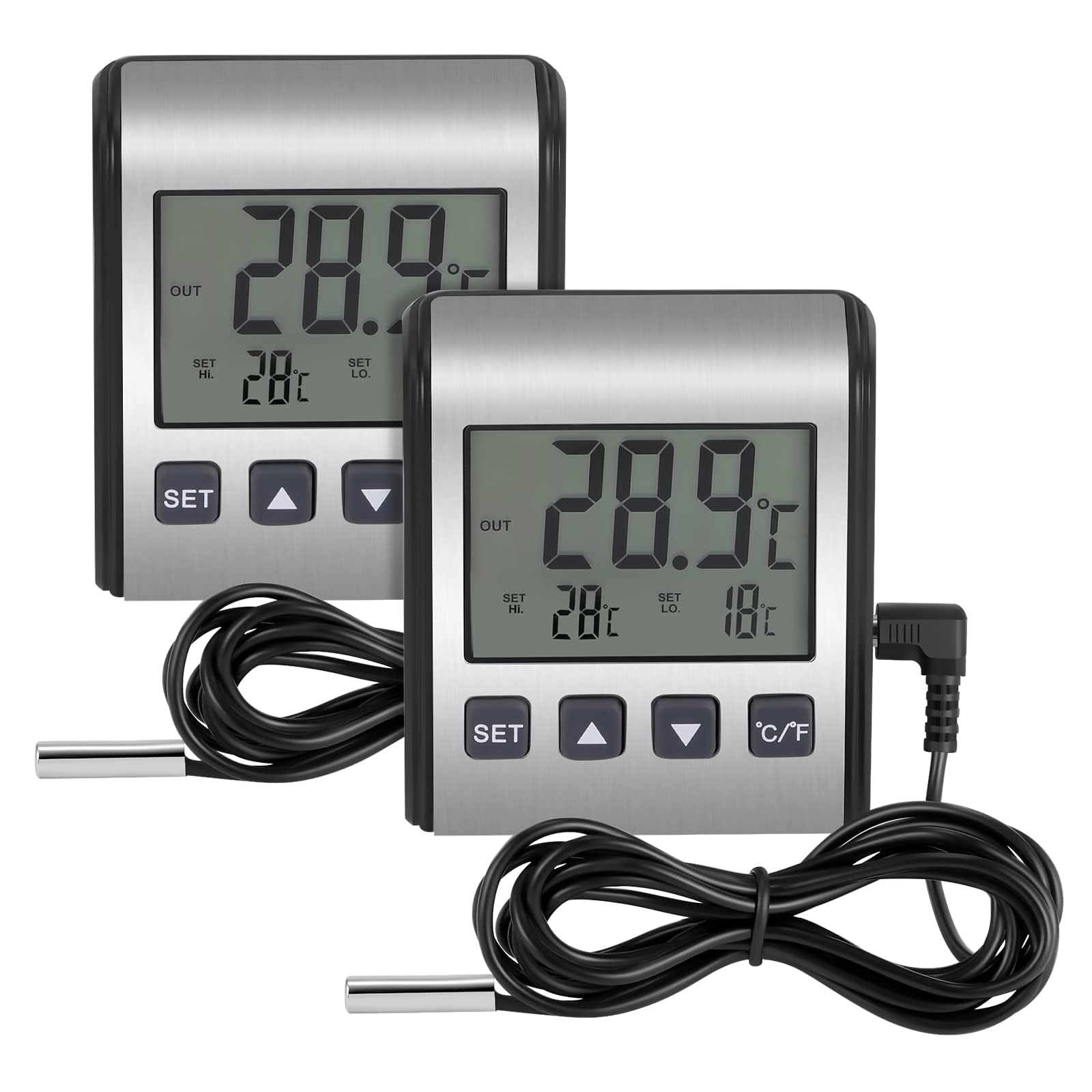 TERRIFI 2 PCS Digital Refrigerator Thermometer - Freezer Thermometer with Stainless Panel, High and Low Temperature Alarm, LCD Display, Sensor Magnet Probe for Fridge, Kitchen, Indoor and Outdoor Use