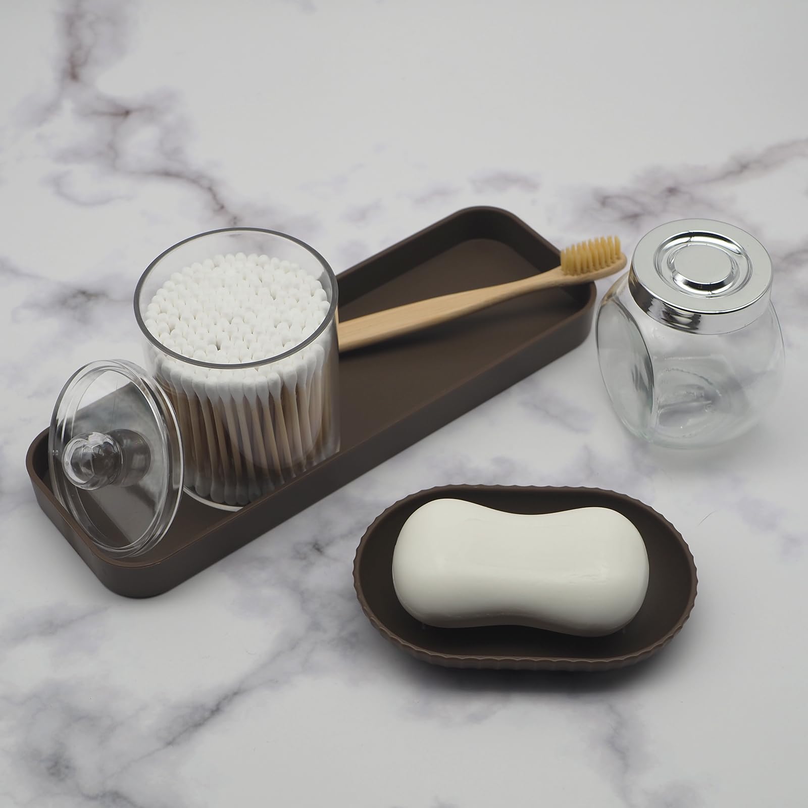 Set di accessori da bagno – Set di accessori da bagno marrone da 10 pezzi con cestino, portaspazzolino e tazza, dispenser per sapone, portasapone, portascopino WC, vassoio da toeletta, supporto Qtip