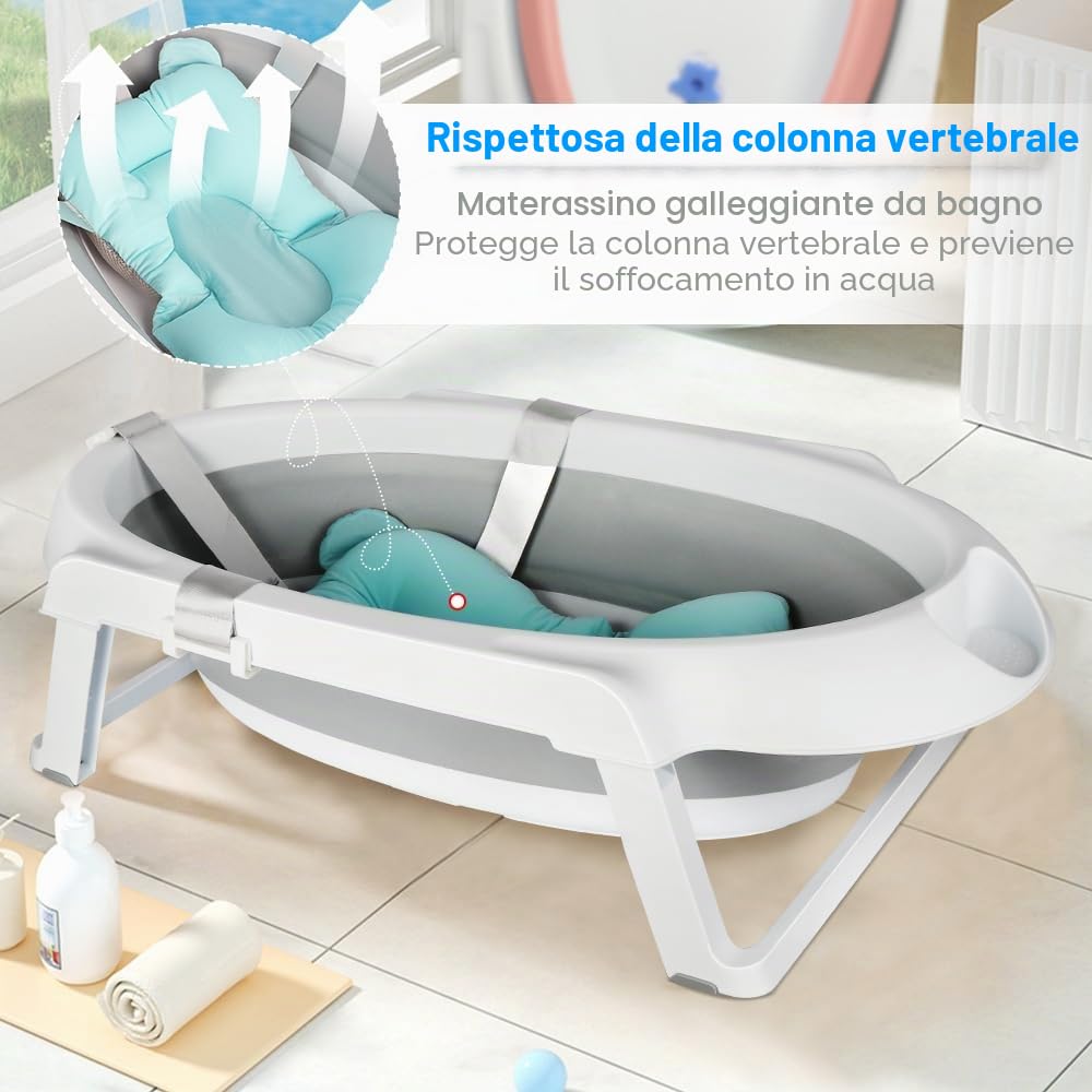 OHMG Vasca da bagno pieghevole per bebè, vasca da bagno sicura e confortevole per neonato a piedi con supporto antiscivolo