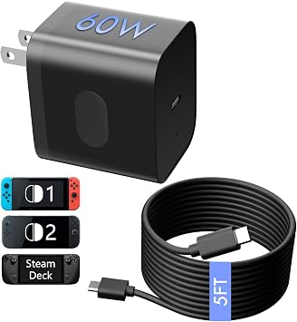 60W Charger with USB-C Fast Charger for Switch 2 - Support PD and QC 3.0,Extra Long 5FT Charging Cable, Support 4K TV Dock Mode,Replacement for Switch/iPhone/Laptop