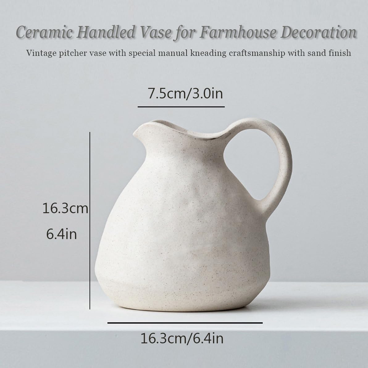 White Ceramic Vase with Handle,Ceramic Pitcher Vase for Flowers,Farmhouse Vase for Table Centerpieces,Rustic Ceramic Pitchers for Shelf Decor,Living Room Decor,Gift,A