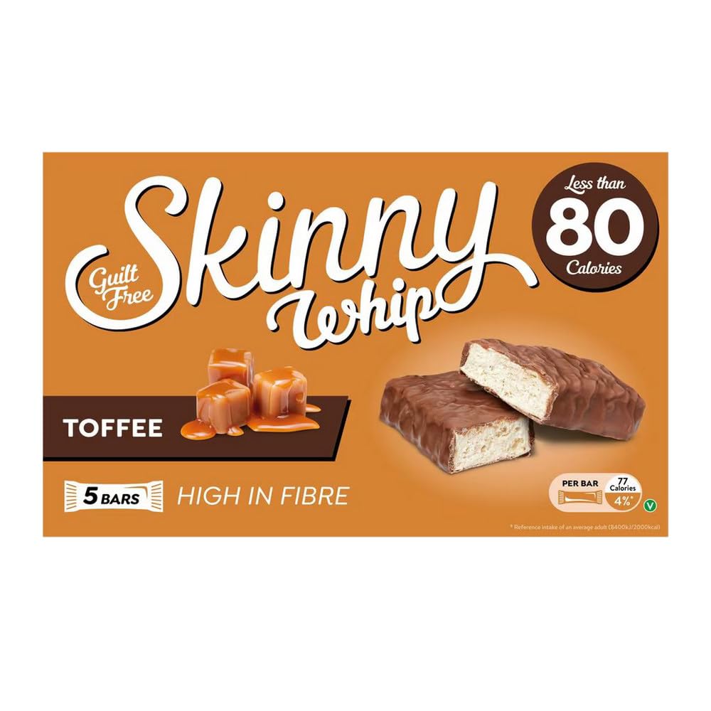 Skinny Whip Toffee (5 x 20g bars) Pack of 1 Milk Chocolate Sweet Chewy Cereal Cocoa Nougat Caramel Block with Welari Thank You Card | (1pack) (100g)