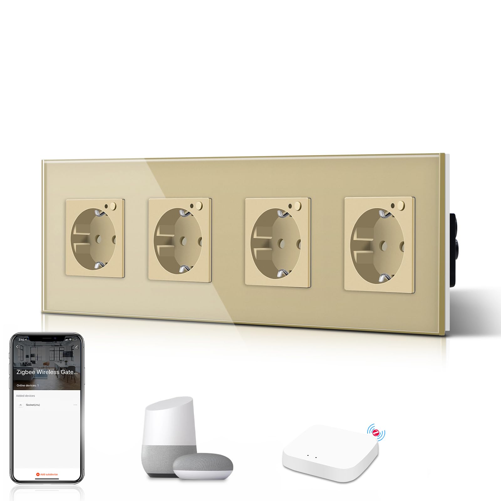 BSEED Schuko WiFi Smart Alexa ZigBee 4-krotne gniazdko 16 A, szklane gniazdko, 1 opakowanie, 1 drożne złoto, 299 mm, montaż podtynkowy, sterowanie aplikacją, praca z Alexa/Google Home, DIY Free Spin tylko 2,4 GHz