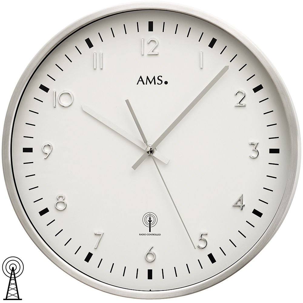 AMS - Radiowy zegar ścienny - metalowa obudowa ze szczotkowanego aluminium, szkło mineralne, średnica 32 cm