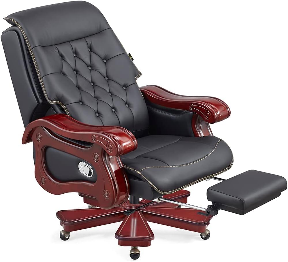 Image of Lakdi The Furniture High Back Director & Executive Chair for Office Made in Solid Wood with Leatherette Upholstery & Recliner and Foot Rest with Wheelbase & Revolving Chair - 111011315 Black