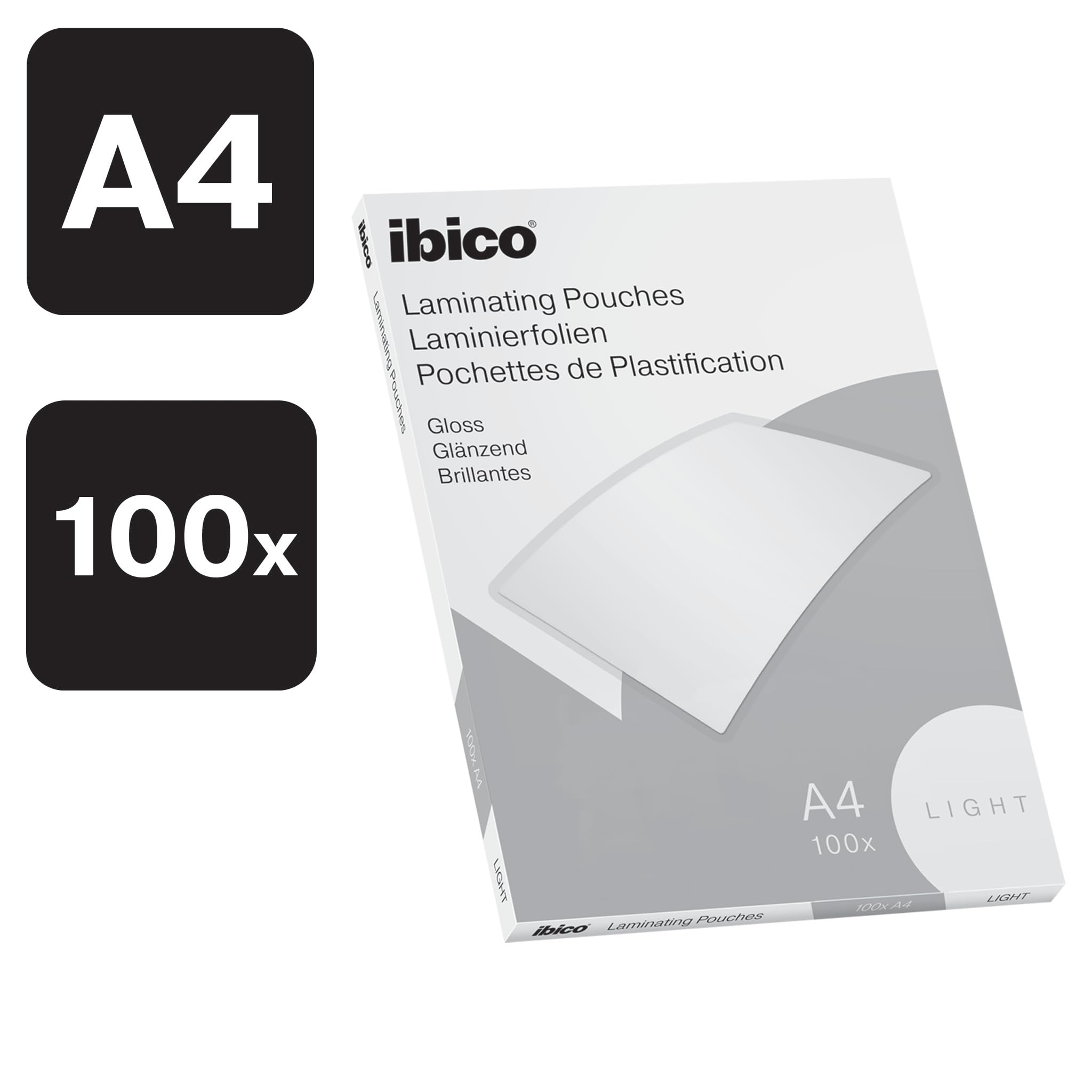 Ibico Basics 399990067 pokrowiec do laminowania na gorąco, rozmiar A4, lekka grubość, wysoka ochrona dokumentów i trwałość, 5 opakowań po 100 sztuk, błyszczące wykończenie, przezroczysty