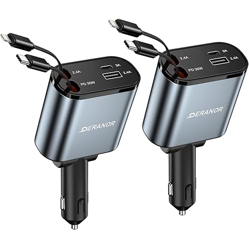 [2 Pack] Retractable Car Charger 4 in 1 Fast Car Phone Charger 69W, Type C Car Charger Adapter with 2X Retractable Phone Charger Cables and 2X USB Ports for i Phone 16/15/14/13/12, for Samsung S24/S23
