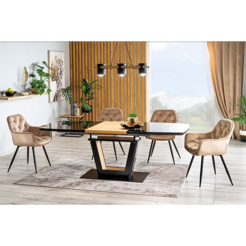 CARELLIA Table à Manger Extensible avec Plateau en Verre 160-220 x 90 x 76 cm - Chêne/Noir