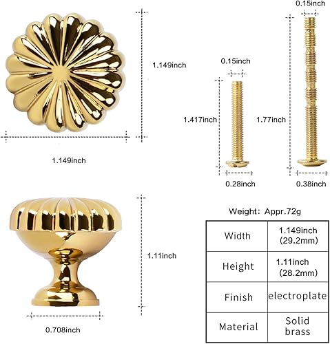 Miniatura 6 de Paquete de 5 tiradores de gabinete de oro pulido, pomos de puerta de latón macizo para cajón de cocina, 1.15 pulgadas de diámetro, manijas modernas