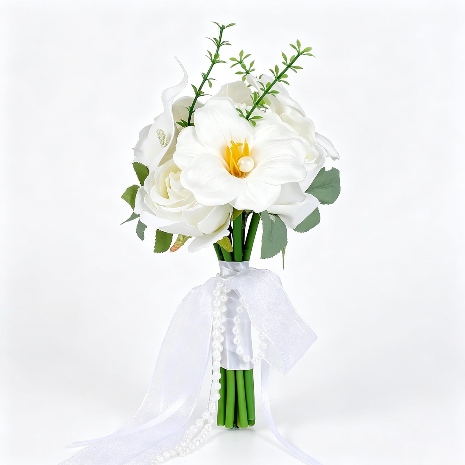 ZBELLO Bridal Bouquet,Realistic Rose Calla Bouquet White Artificial Rose Bridal Arrangement for Wedding Ceremony Maid Keepsakes Roses Bouquet for Ceremony Reception Bride Arrangement (S)