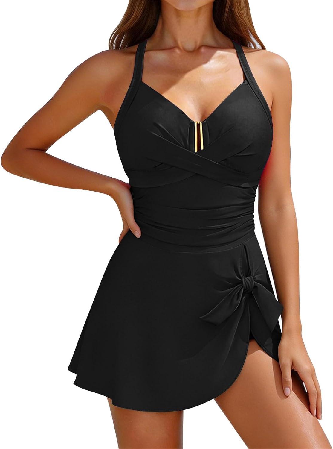 Women's Tummy Control One Piece Swimsuit Criss Cross Swimsuits Push Up Bathing Suit with U-Wire Ruched Swim Dress