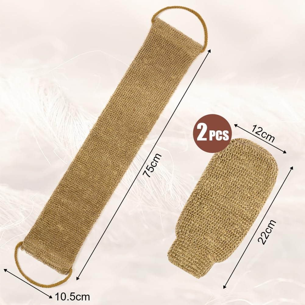 LOPHE Ensemble de Gommage Dorsal en Jute Comprenant Des Gants Exfoliants, Serviette Exfoliante Extra Longue, Sangle Exfoliante Naturelle pour le Dos, Gants de Bain pour Hommes et Femmes