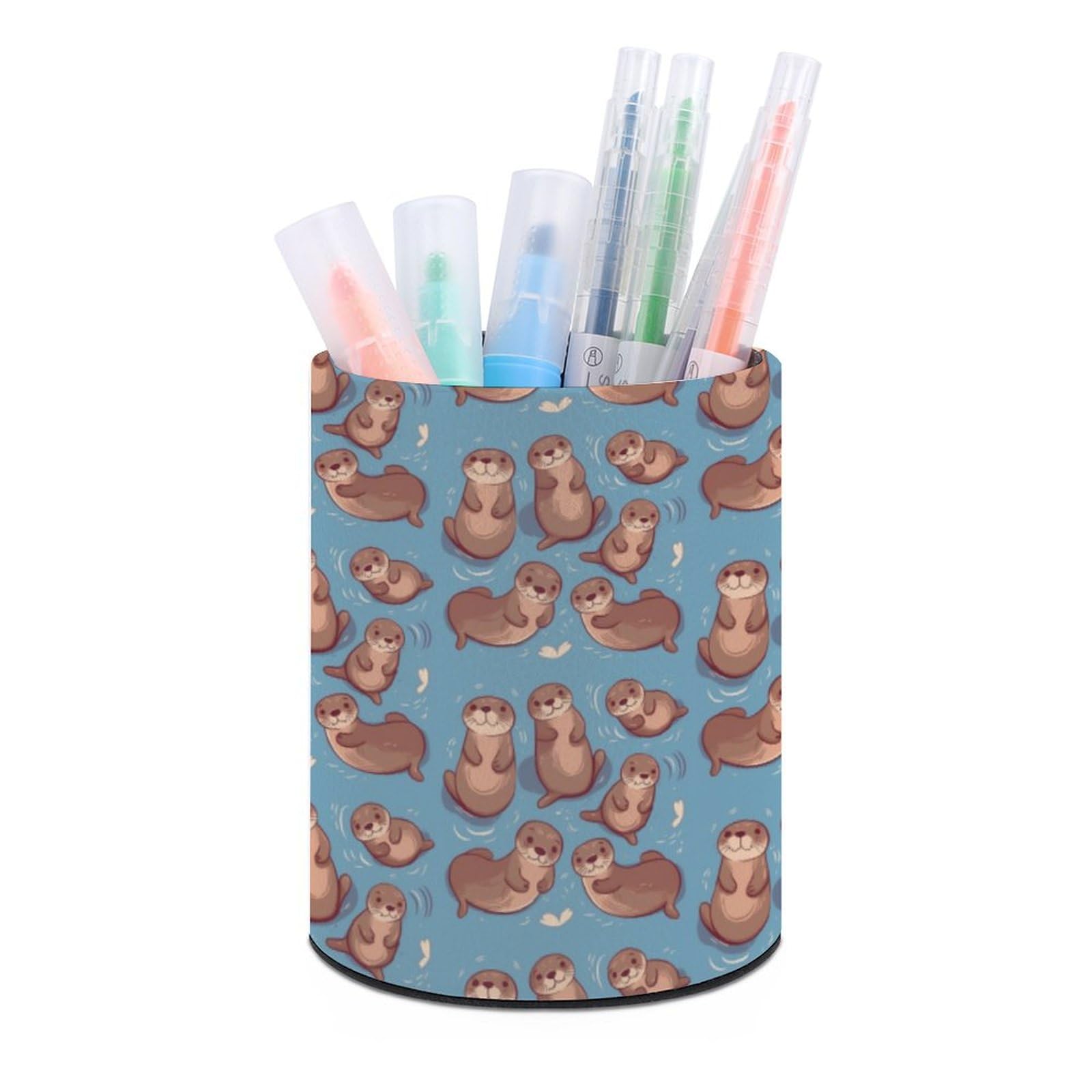 JTREHY Round Pen Holder,Animal Cute Brown Otters Printed Makeup Brush Storage Box Desktop Stationery Storage Cup Office Accessories Storage Box Pencil Storage Box for Home Office Dressing Table