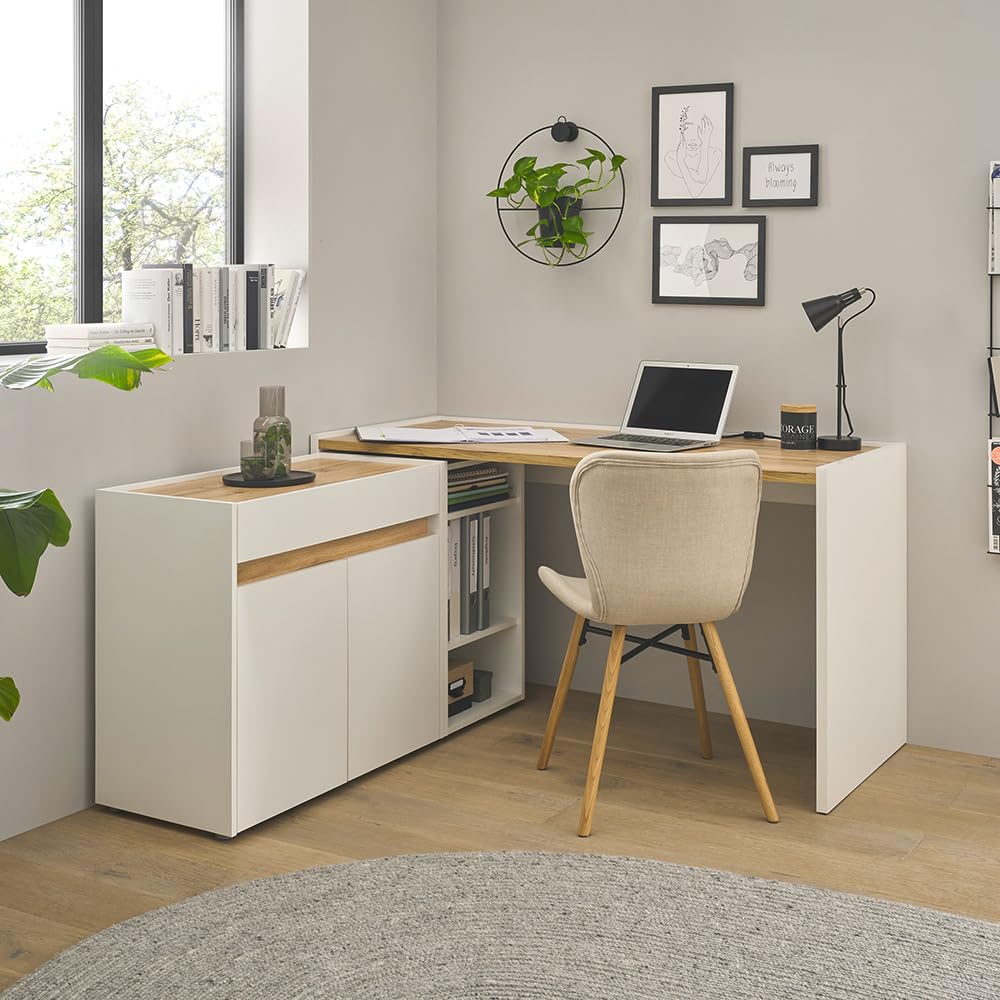 Lomadox Büromöbel Set weiß mit Eiche 3-teilig modern Schreibtisch Kommode Regal