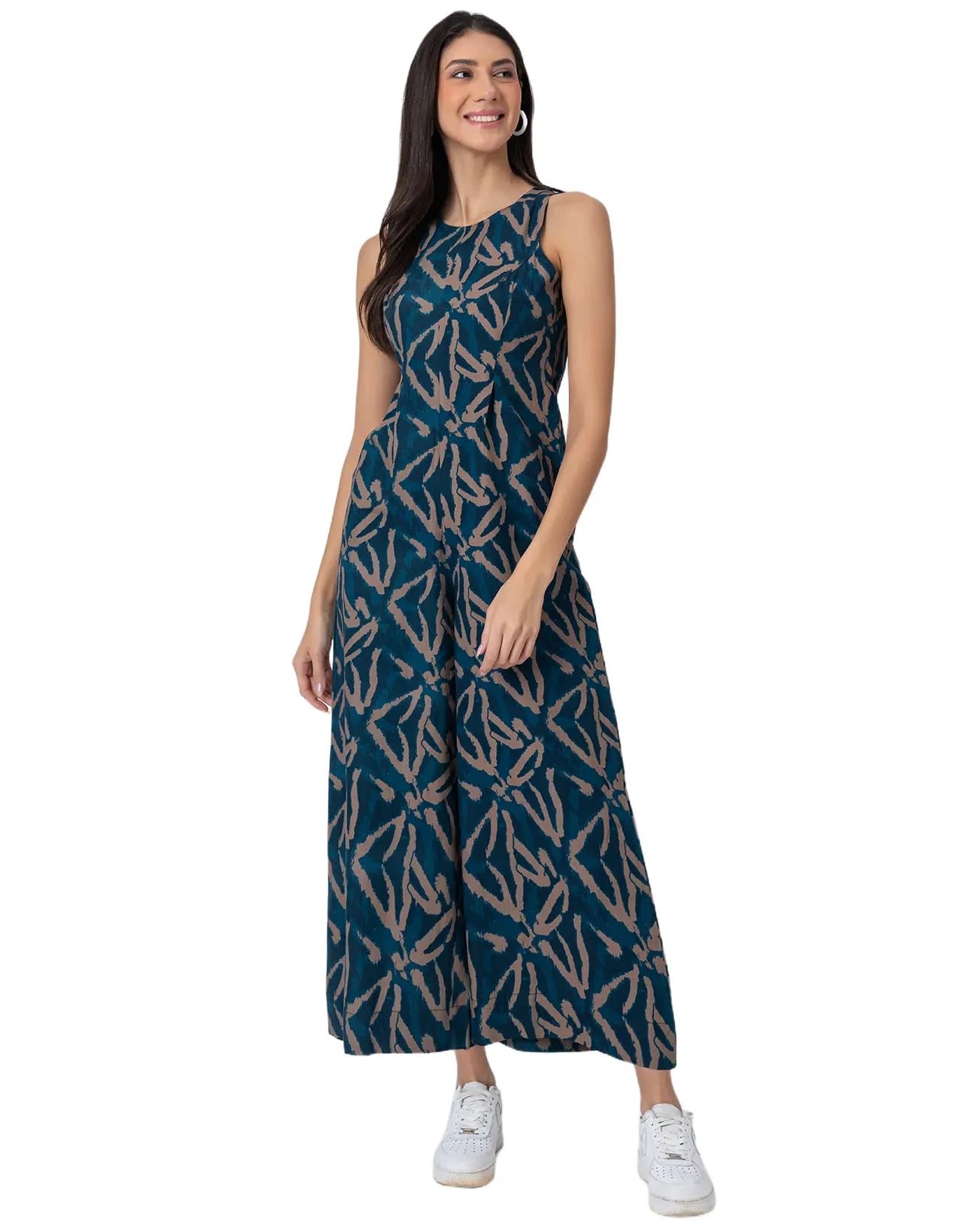 Wide Leg Jumpsuit for Women, Sleeveless Printed Cotton Jumpsuit With Pockets-image-13