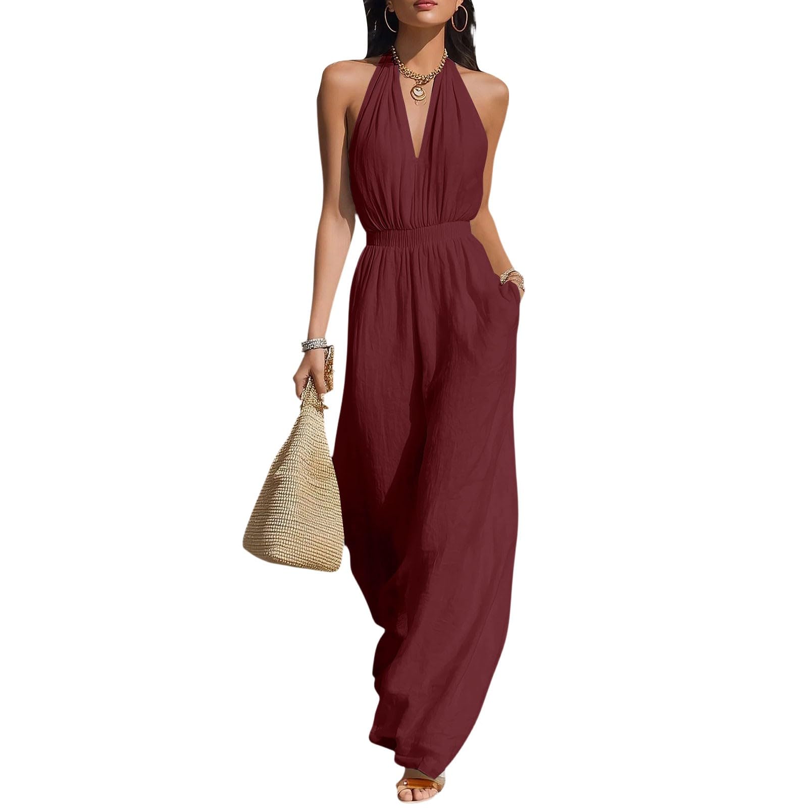 Generisch Tuta da donna elegante per matrimonio, con allacciatura al collo | Tuta con scollo a V, tinta unita, senza maniche, a gamba larga, con tasche, tuta aderente per feste
