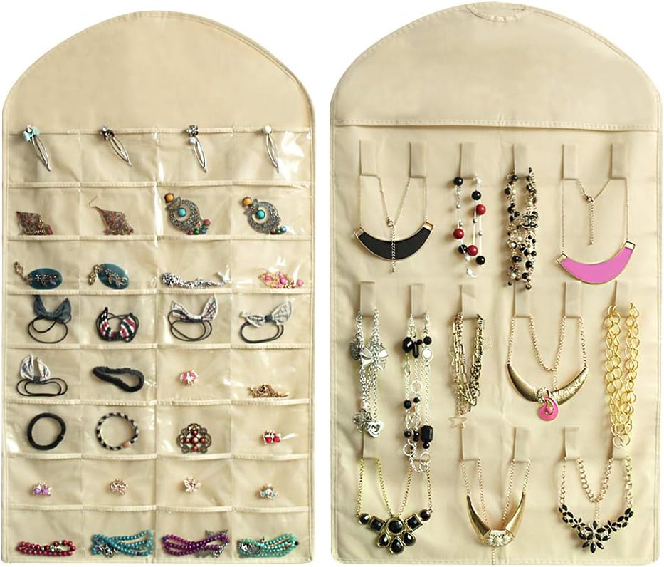 Realdios Hanging Jewelry Organizers 32 Pockets 18 Hook and Loops Non-Woven Dual Sides Wall Hanging Closet Accessory Jewelry Holder Organizer Folding Travel Storage Bag(32pocket-Creamy-White)