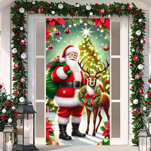 Image of BlissYard Christmas Door Banner Santa Reindeer 35x71 Inch Polyester