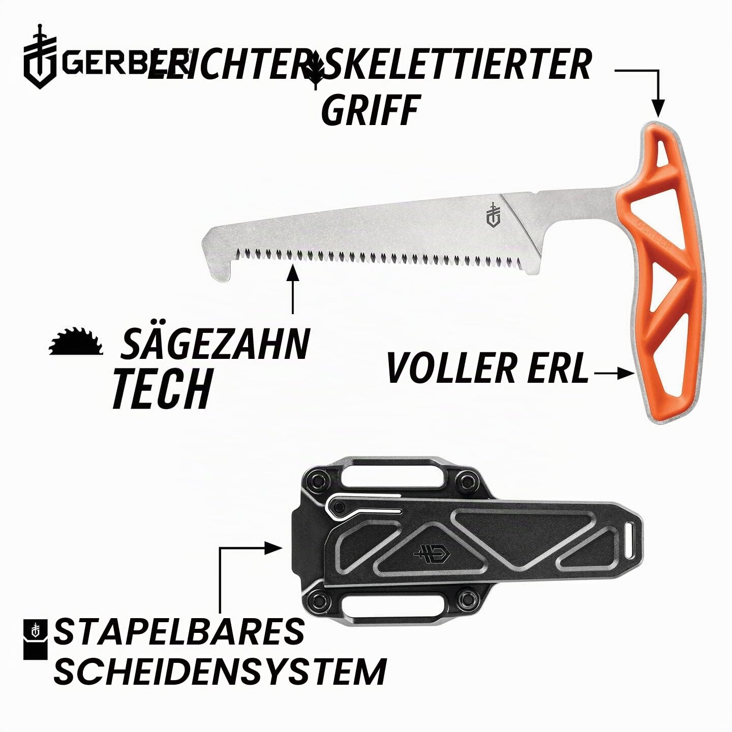 Gerber Knochensäge mit Scheide, Sägeblattlänge: 10,8 cm, Exo-Mod Saw, Klingenmaterial: 7Cr17MoV, Orange, 30-001810