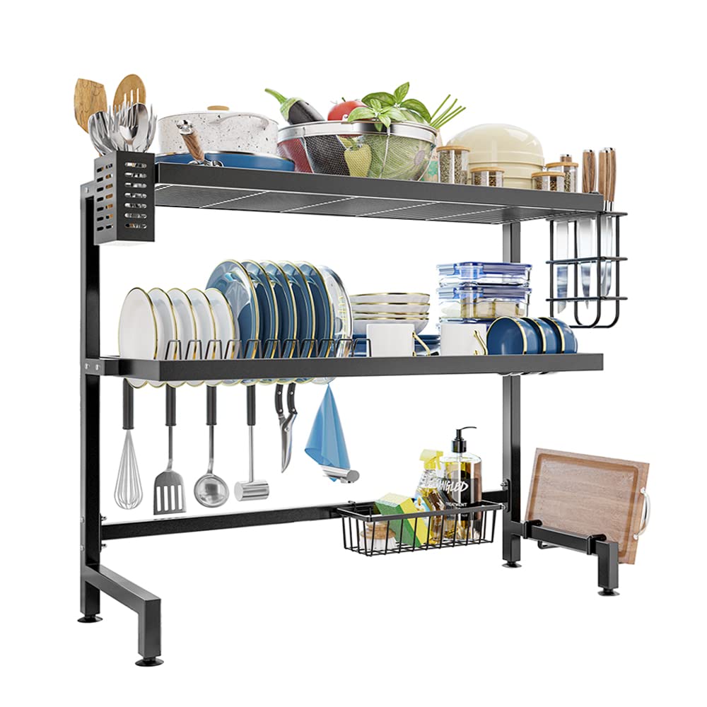 NETEL Escurreplatos sobre Fregadero, Escurridor de Platos, Organizador Cocina, Estante de Secado de Platos de Acero Inoxidable de 3 Niveles, con Soporte para Utensilios, Longitud 84cm, Negro