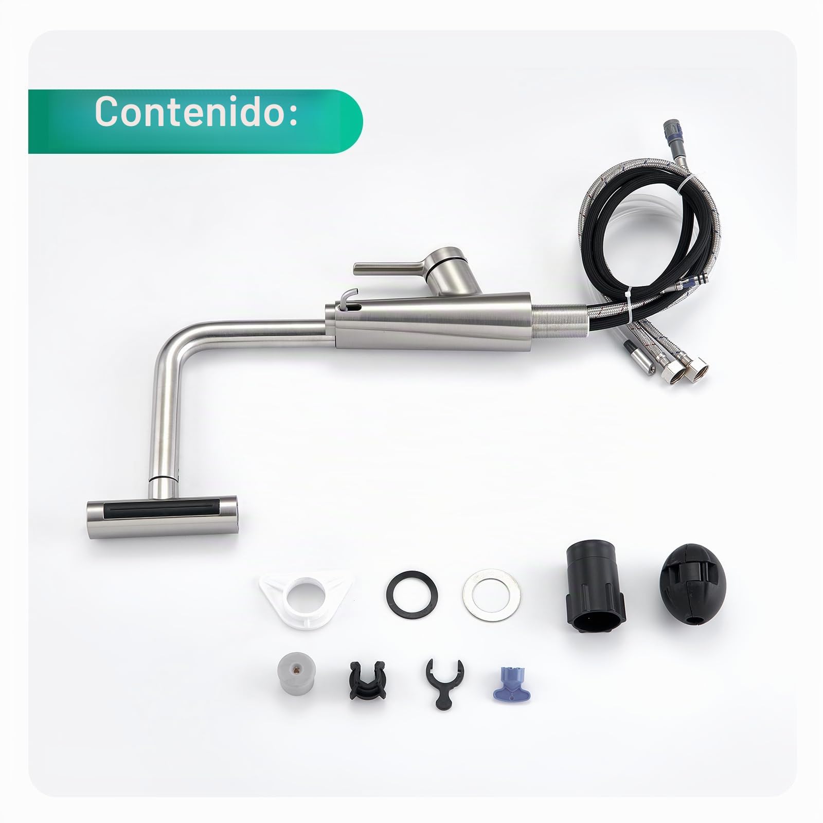 CREA Grifo de cocina Fregadero Cocina Extraíble Cascada, dispensador de jabon para fregadero, Grifo de Cocina Fregadero con Ducha de 4 Modos de Rociado Giratorio a 360°, Acero Inoxidable