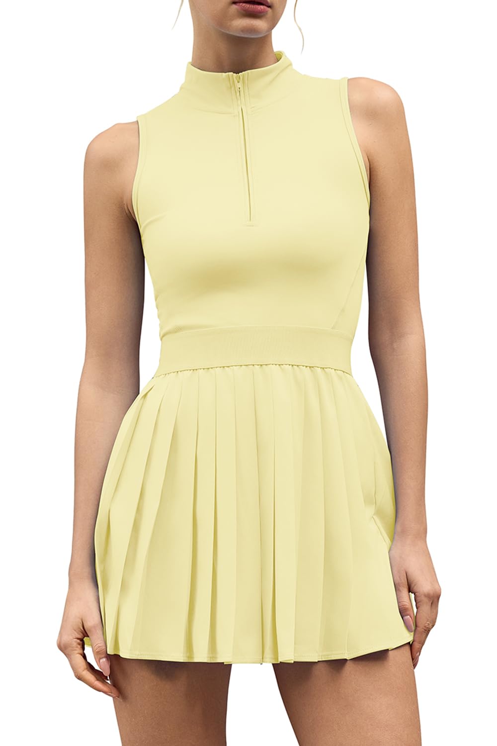QINSEN Womens Zip Front Tennis Dress High Neck Pleated Sleeveless Two Pieces Golf Athletic Dress with Pockets — view 11