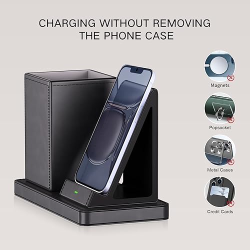 Miniatura 4 de Portalápices multifuncional para escritorio, organizadores de cuero vegano gris con soporte para control remoto, soporte para lápices, organizador