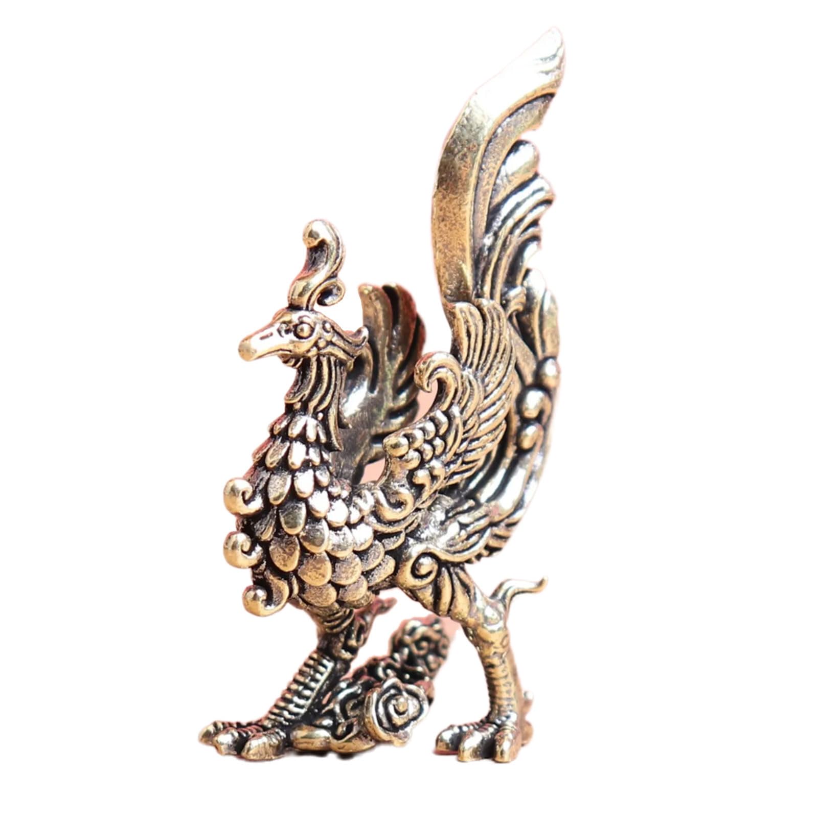 LUCKGONI Brass Phoenixes Figurine Elegant Spreading Wing with Auspiciously Cloud Base Antique Ornament for Home and Desk D