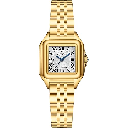 Small Gold Watches for Women with Gold Stainless Steel Band,Rectangular Case Roman Dial,Water Resistant, Band Adjuster Included