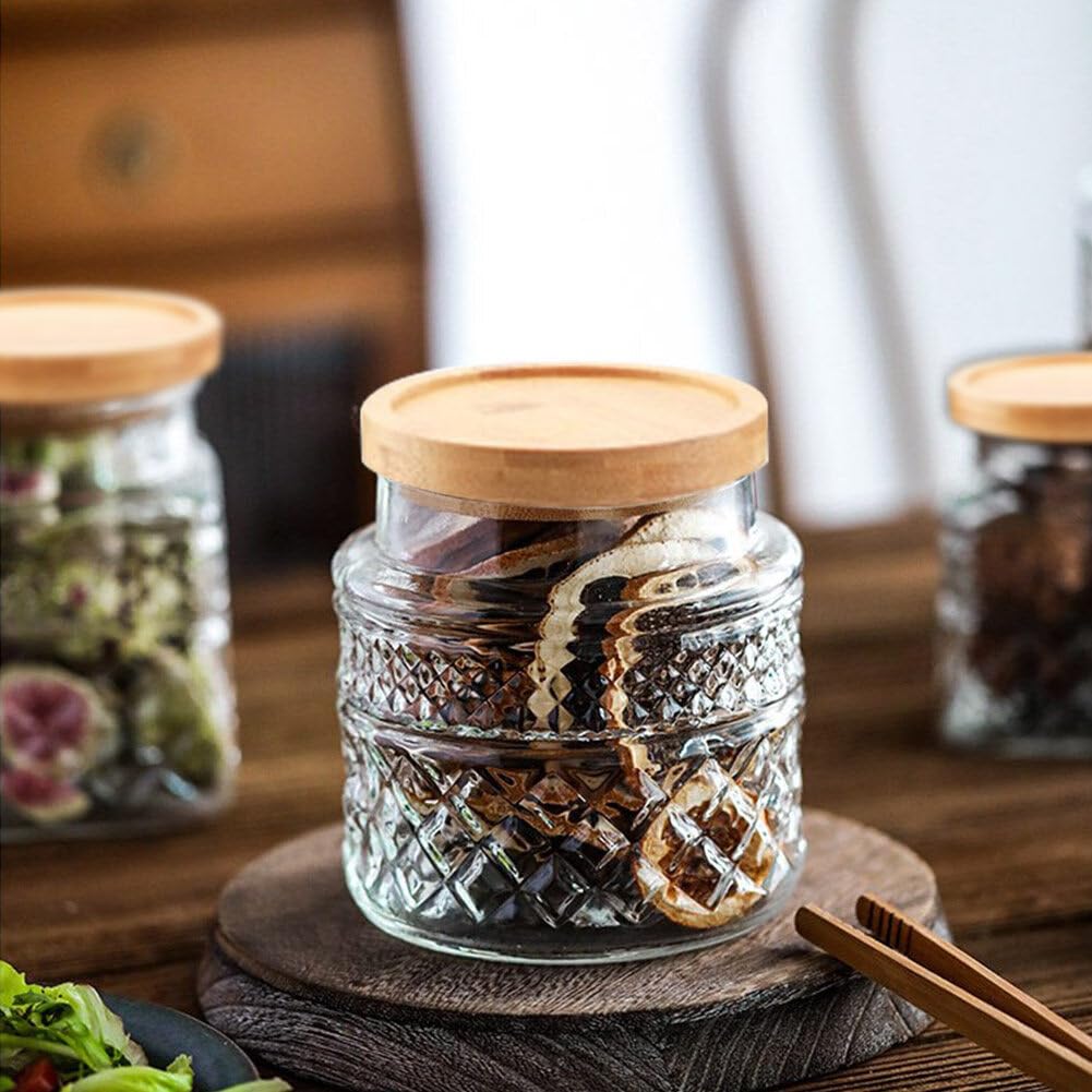 Confezione da 3 barattoli grandi in vetro, contenitori per alimenti e cereali, con coperchio ermetico in bambù, barattoli da cucina vintage per caramelle, snack, caffè, tè, cereali, 1,7 g,