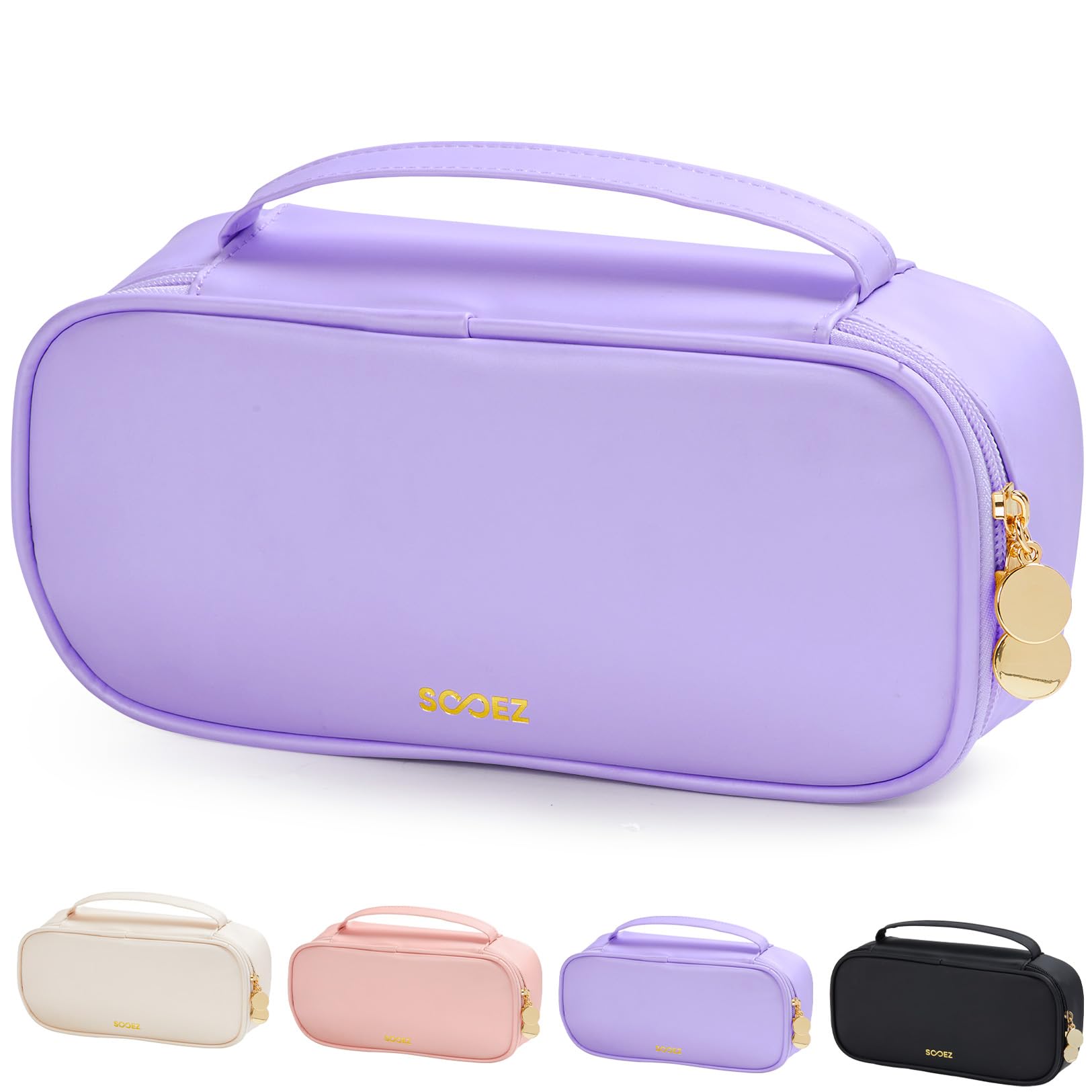 Sooez PU Pencil Case, High Capacity Pencil Bag, Aesthetic Pen Pouch with zipper, 3 Compartment Pen Bag Wide Opening, Portable Stationery Storage and Organizer, School Supplies for Teen, Purple
