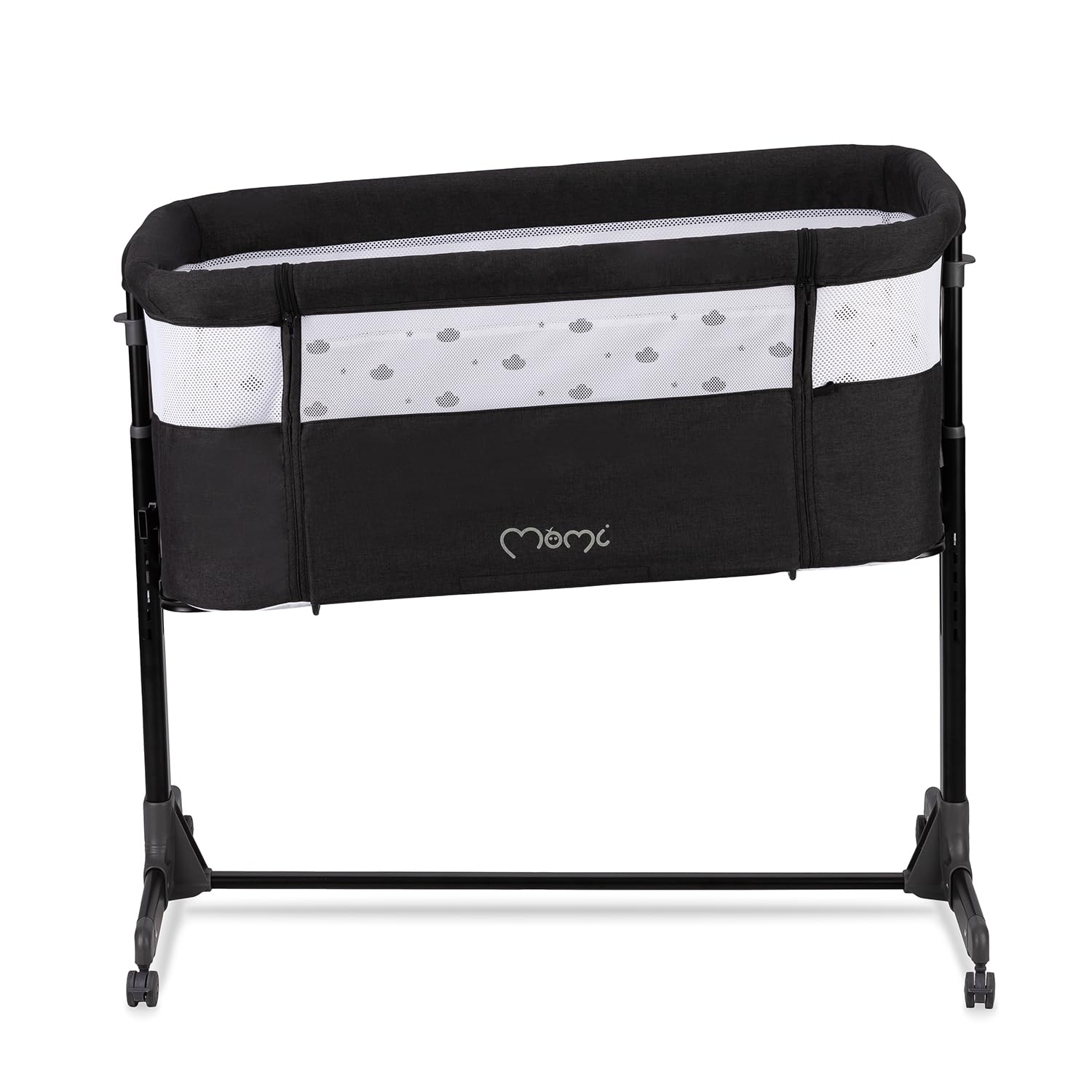 Momi REVO Lettino multifunzionale, con regolazione dell'altezza su 6 livelli da 72 a 82 cm, con rotelle, materassino incluso, cinghie di fissaggio, zanzariera e barra giochi