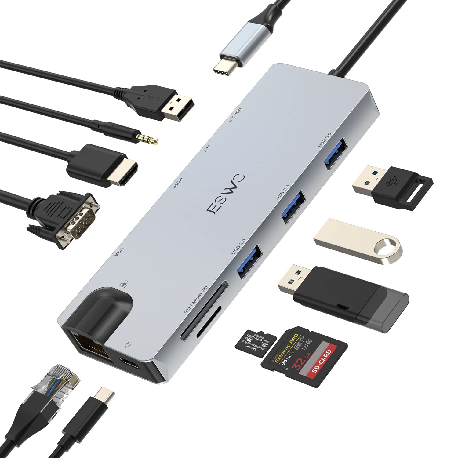 USB C Hub, 11 en 1 Adaptador Multipuerto Hub Tipo C con HDMI 4K, 3*USB 3.0, 2*USB 2.0, USB C 100W PD Carga, Ethernet de 1000 W, Lector de Tarjetas SD/TF y VGA, Compatible con Macbook Pro/Air
