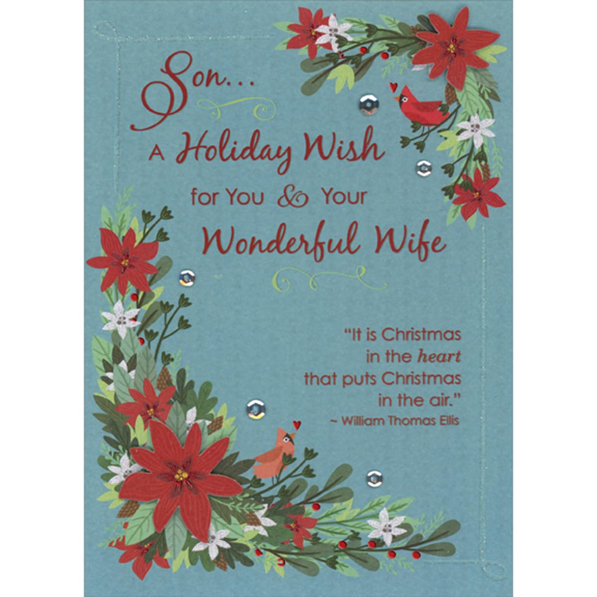 Designer Greetings Christmas in the Heart: Two Swags with 3D Poinsettias and Silver Sequins on Blue Hand Decorated Christmas Card for Son and Wife