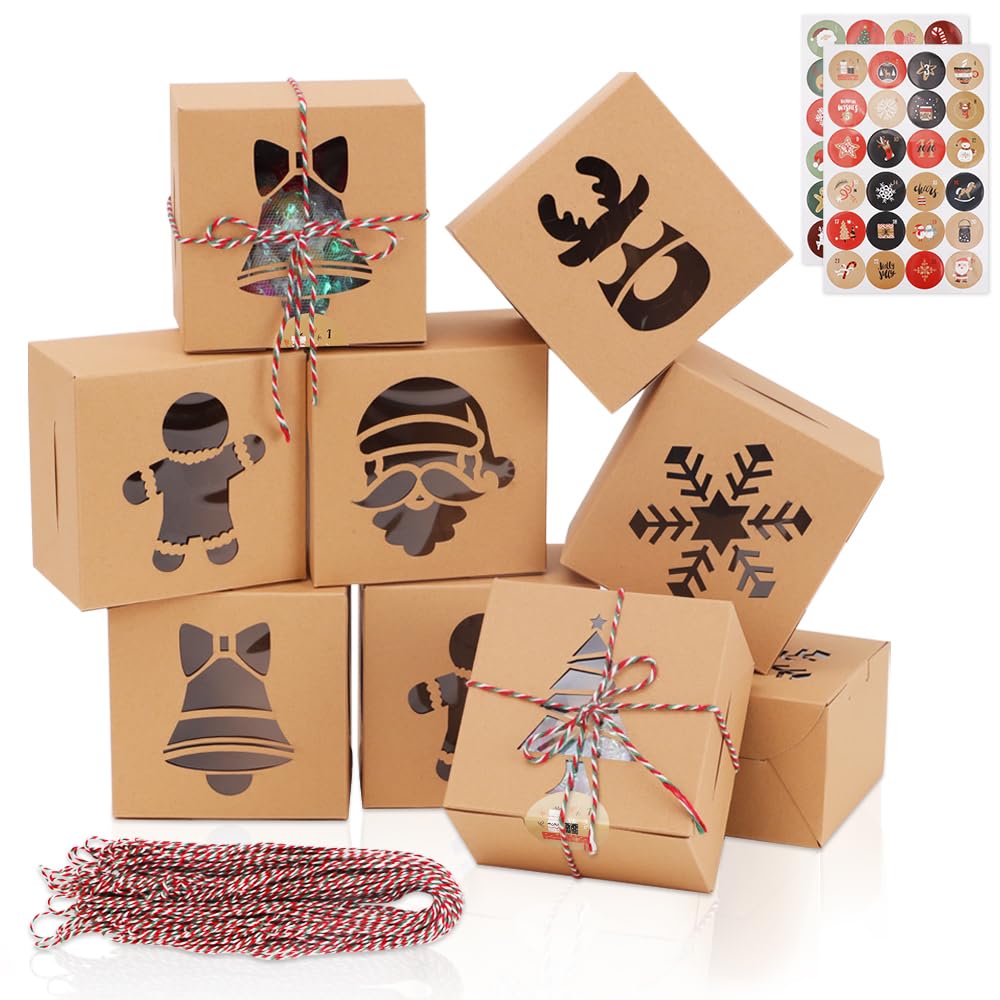 LZYMSZ 48PCS Christmas Gift Boxes, Bakery Treat Boxes Kraft Small Cookie Boxes with Window, Goodie Paper Boxes for Gift Presents Candies with 48 Pieces Xmas Stickers, 40m Gift Box packing Twine