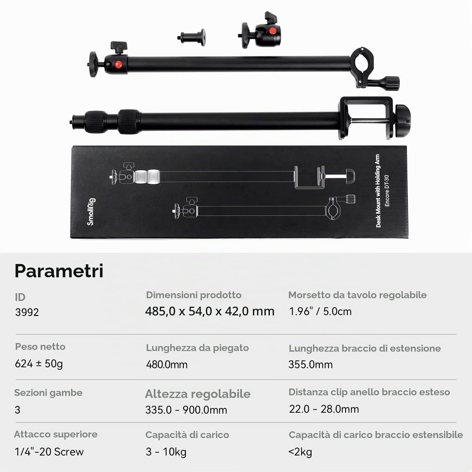 SMALLRIG Camera Desk Mount, Supporto da Tavolo con Braccio Magico, Supporto da Tavolo Regolabile per Fotocamera da 13"-35,4", Morsetto a C da Tavolo, Luce Anulare, Carico Massimo 10 kg - 3992
