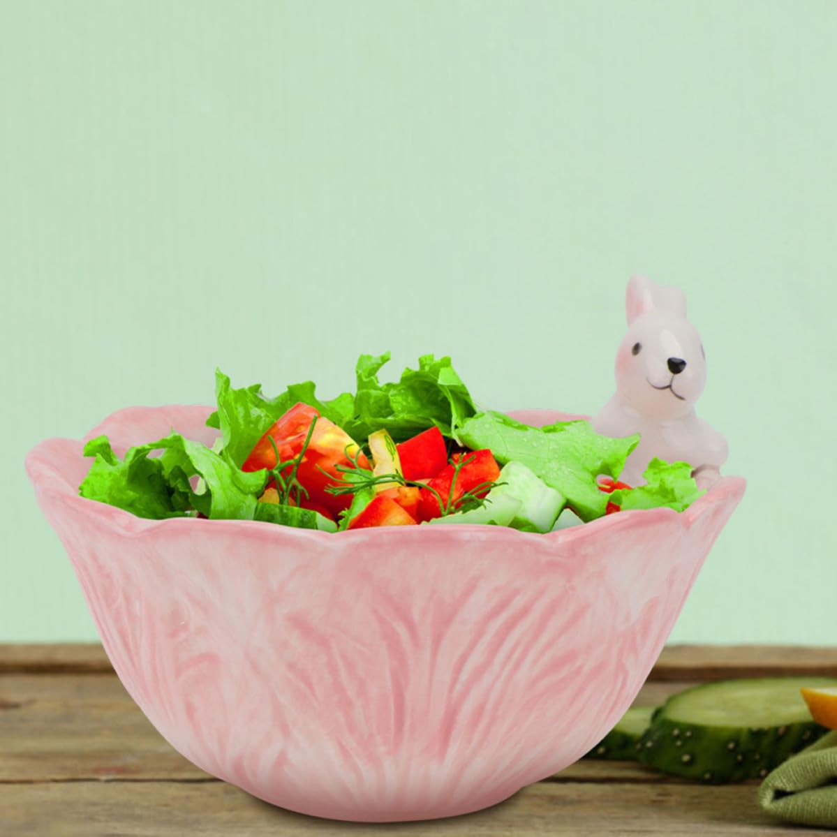 Juego de 2 Tazones de Cerámica Rosa con Estatua de Conejo y Forma de Repollo, Cuencos Elegantes para Desayuno y Reuniones Casuales Diarias
