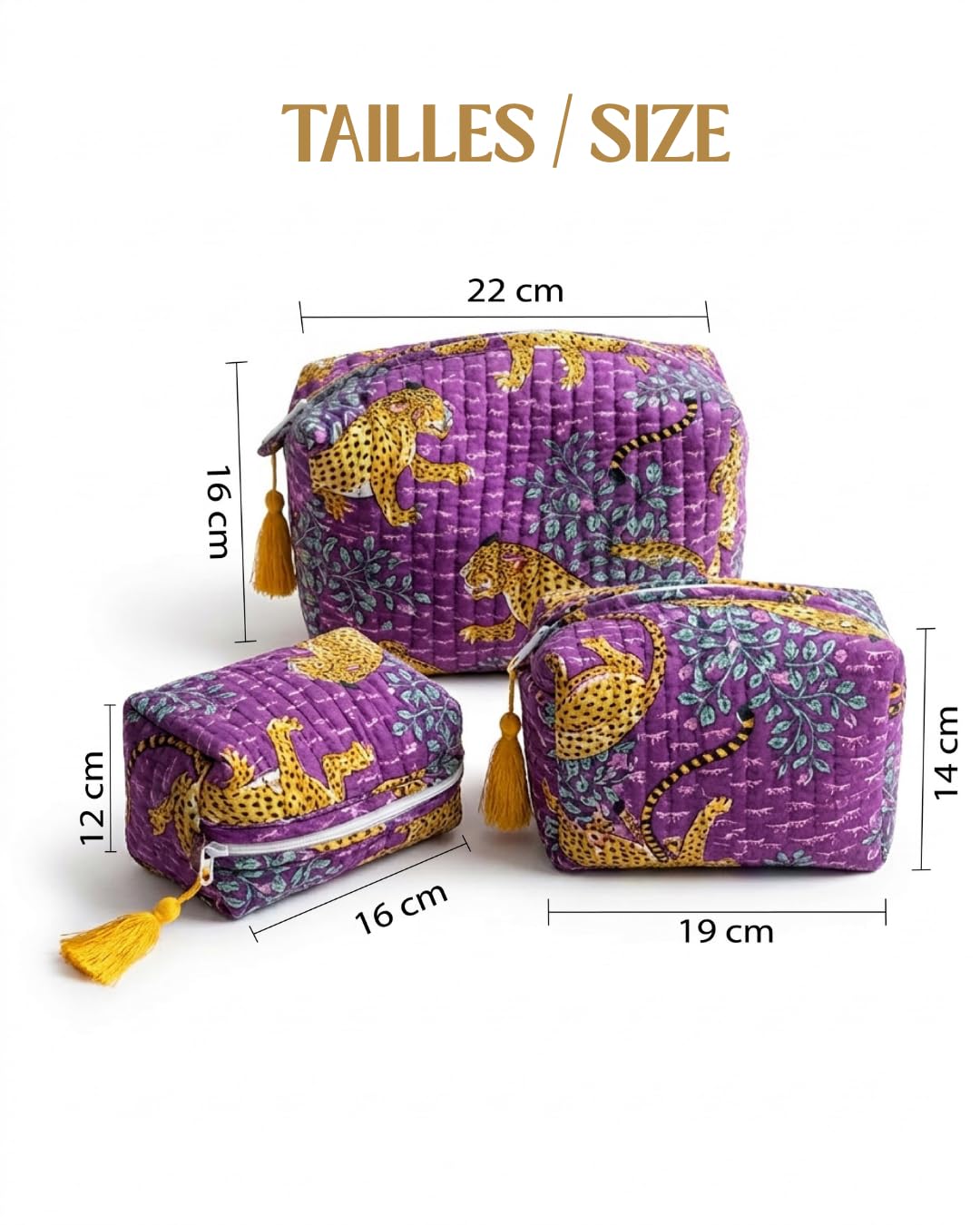 Kit 3 Trousses de Maquillage Léopard Violette – Petite, Moyenne et Grande – Trousse de Toilette Femme Voyage – Pochette Cosmétique Matelassée avec Pompons - 3