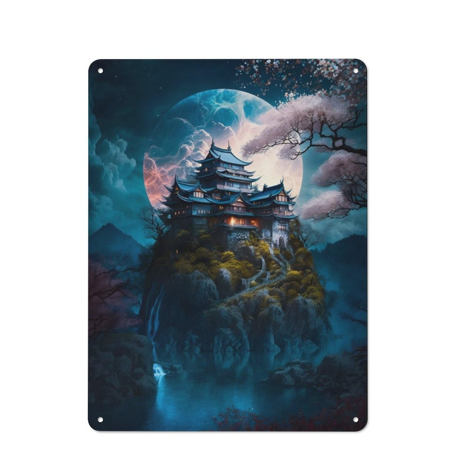 Junmoney Full Moon Japanese Temple Retro Metal Wall Sign 40X30cm For Guest Room Or Hallway, New-Space Wall Decor For Home Decor Collectors