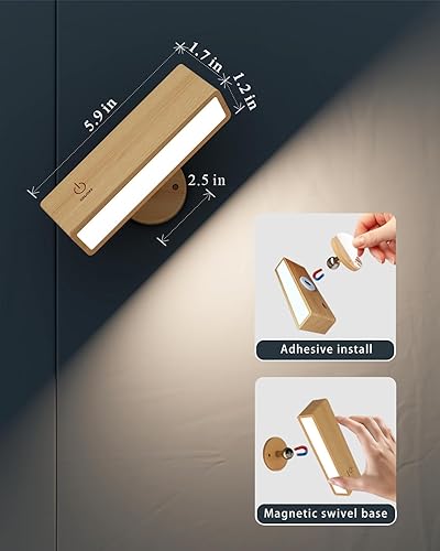Miniatura 8 de YiLaie Juego de 2 apliques de pared recargables con rotación de 360 grados, aplique de pared regulable a pilas, luz de pared magnética para