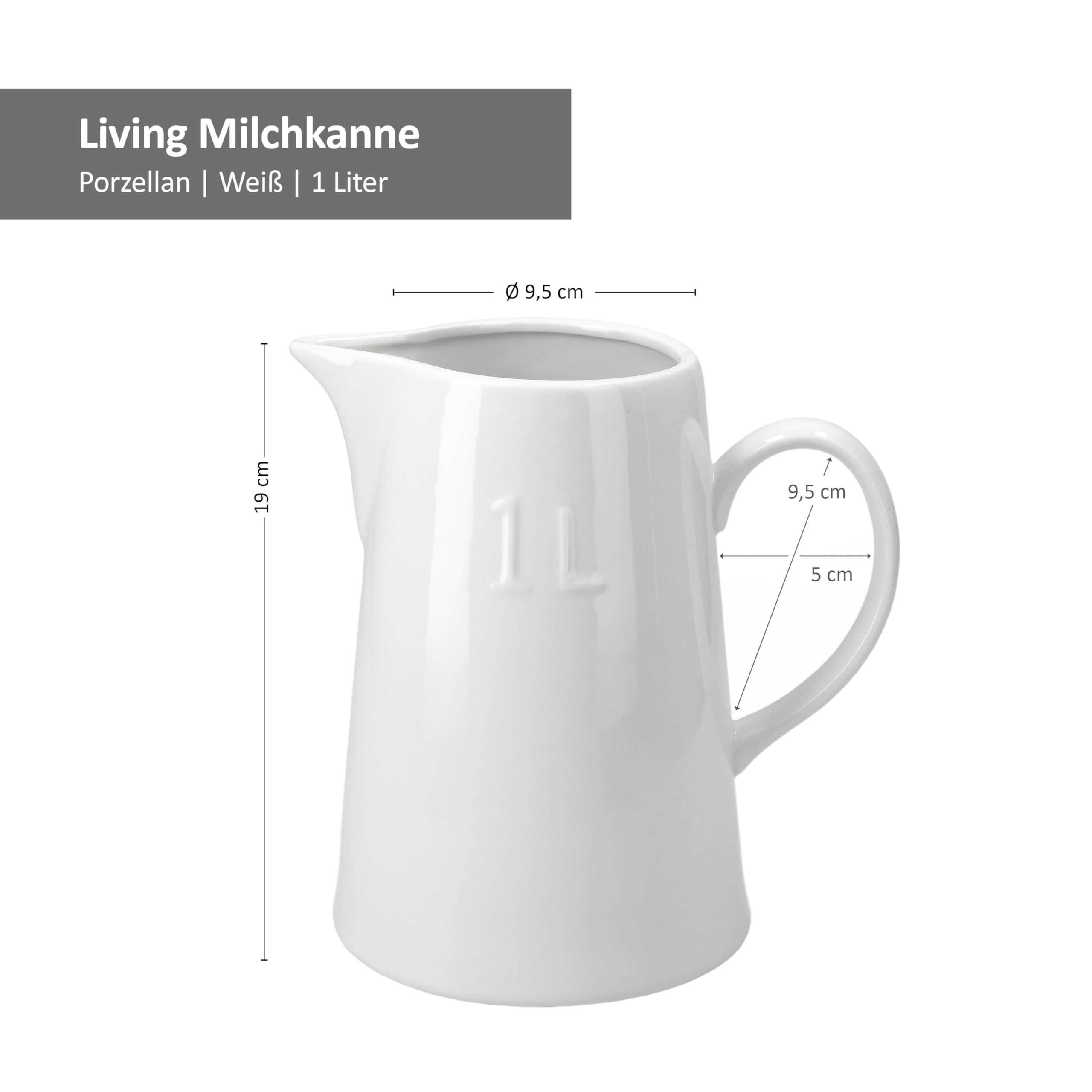 MamboCat Milchkanne 1 Liter aus Porzellan | 19 x 9,5 cm | weiß | Getränke servieren | Privat oder Gastronomie