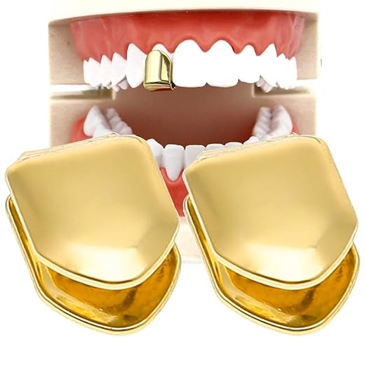 TCOTBE 2 Pieces 14K Plated Gold Grillz Mouth Teeth, Hip Hop Teeth Plain, Top Tooth Single Grill Cap for Teeth Mouth, Party Accessories Teeth Grills (Color : Gold)