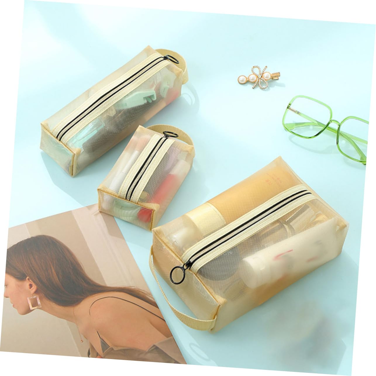 minkissy 3juegos Bolsa De Maquillaje Multifuncional Neceser De Transpirable y para Cosméticos De Color Melocotón para Almacenar Maquillaje y Artículos De Aseo Personal