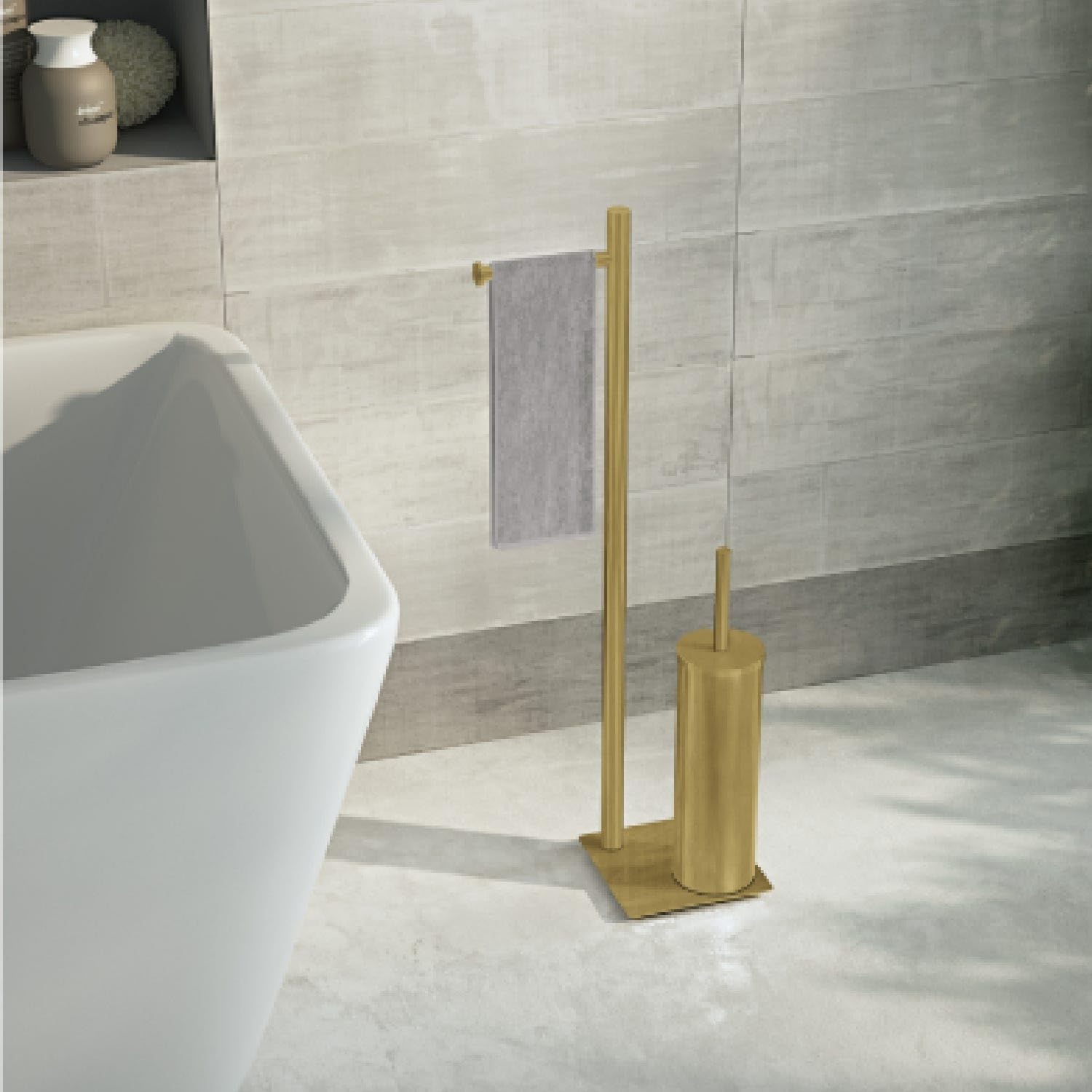 Kiamami Valentina Lampadaire de salle de bain porte-rouleau et porte-brosse WC doré brossé
