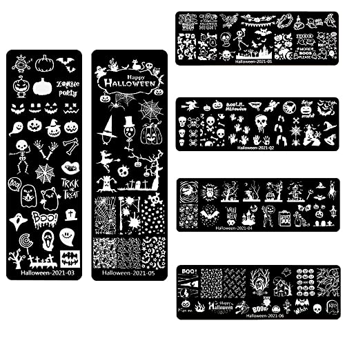 Beaufy Juego de Placas de Estampado de Uñas Plantilla de Arte de Imagen de Transferencia Herramienta de Manicura Accesorios para Niña Mujer Esposa Amiga Halloween Paquete de 6 Piezas(Dilo) Cover