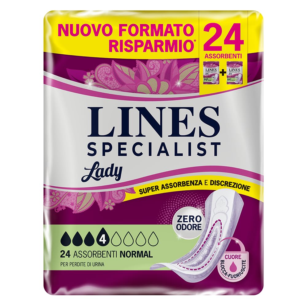 Lines Specialist Lady Normal, Assorbenti per Incontinenza Donna, con Tecnologia Zero Odore e Barriere Laterali Protettive, Scorta Mensile, 3 Confezioni da 24 Unità