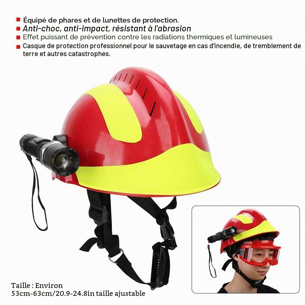 Casque de sécurité, Casques de sécurité de Sauvetage Professionnels, Casque de Protection Anti-Incendie pour Pompier avec Lampe Frontale et Lunettes de Protection (Rouge)