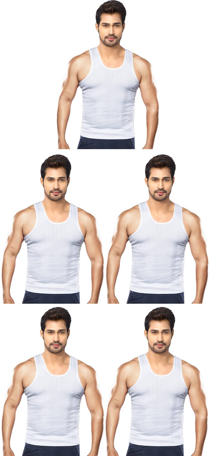 Cotton Ribbed Fabric White Sleeveless Men's Vest - Pack of 5 (#Duro-RN- 100 CM)-image-6