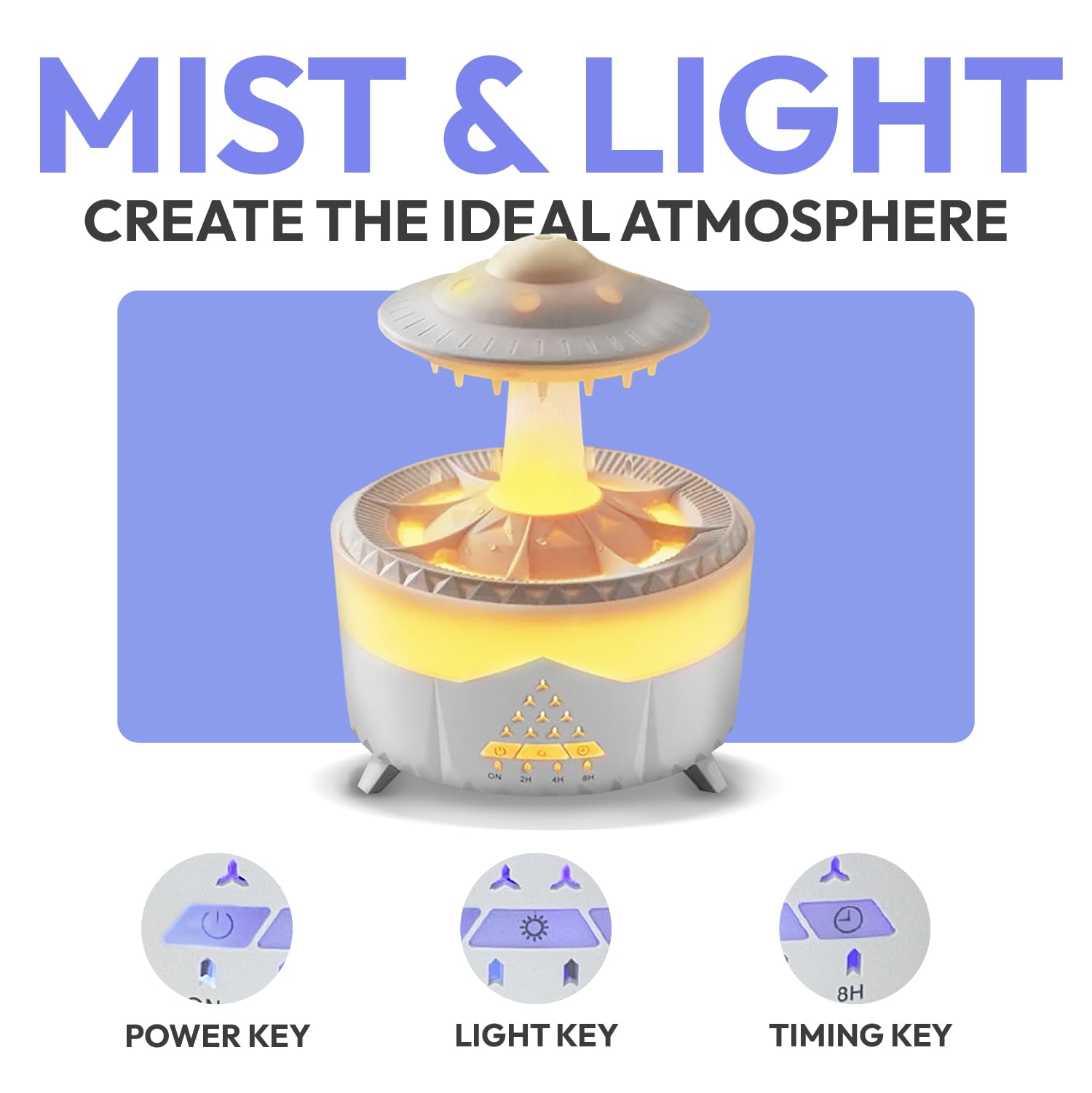 UFO - Humidificador de gotas de lluvia - Blanco - Humidificador de escritorio de aceite esencial para aromaterapia - Difusor de lámpara de escritorio de hongos con aceite de aroma 4