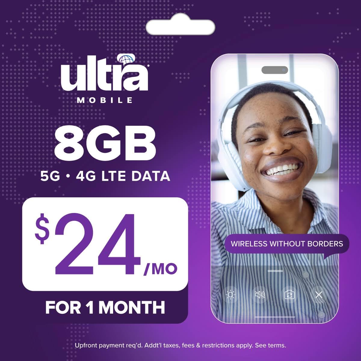 Plan telefónico prepago de Ultra Mobile de $24/mes con llamadas, mensajes de texto y 8 GB ilimitados de datos 5G • 4G LTE durante 1 mes (kit de tarjeta SIM 3 en 1)